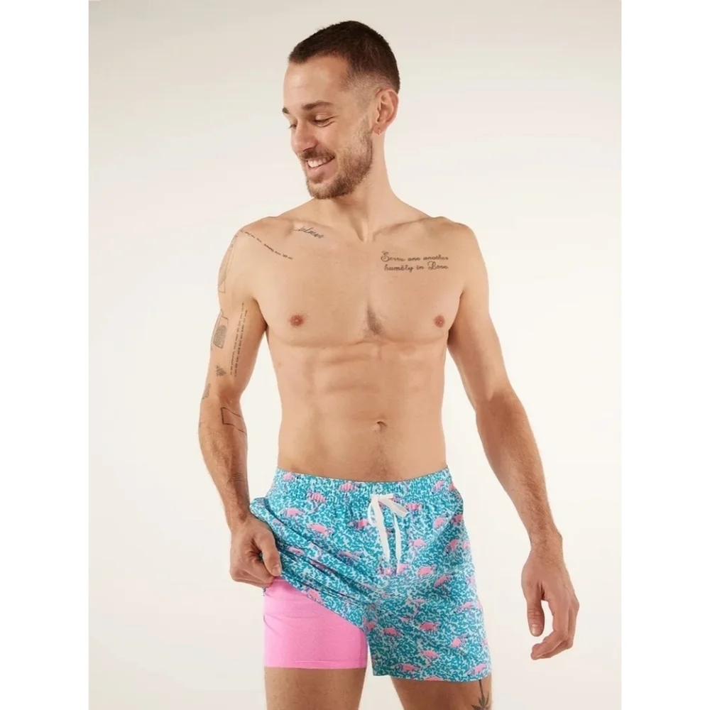Chubbies Swim Trunks Mens Pink Blue Domingos Flamingos Boxer Shorts Liner